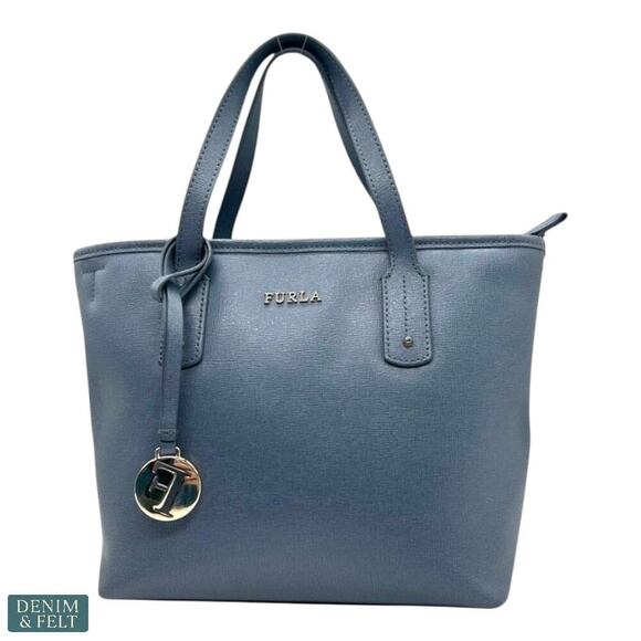 Furla Genuine Leather Blue Tote Bag with Strap Satchel Shoulder Bag Authentic - Picture 2 of 13